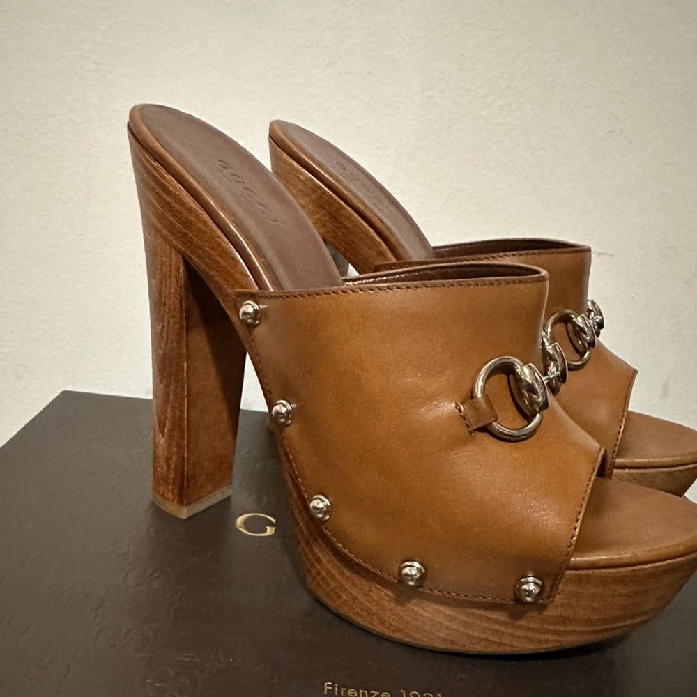 Gucci Brown Leather Platform Mule Heels with Gold Hardware